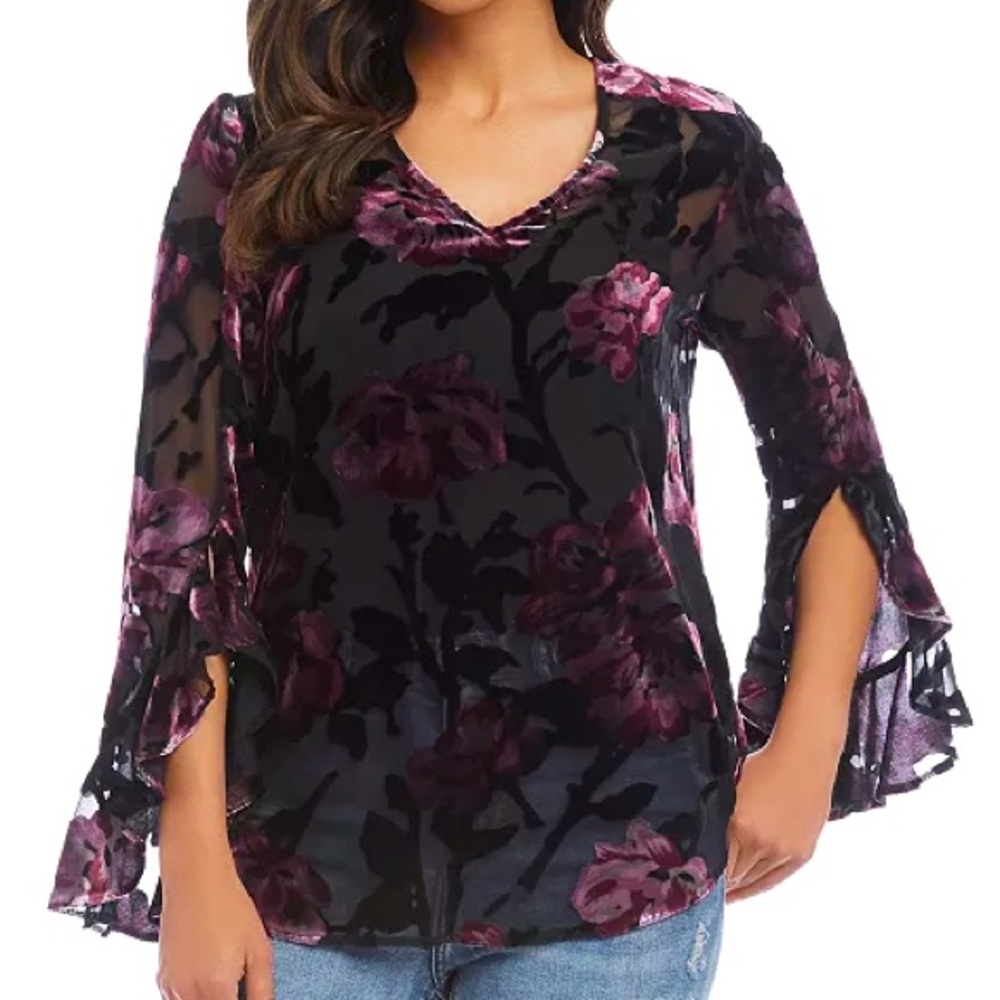 Karen Kane Whimsigoth Velvet Burnout Sheer Floral Ruffled Sleeve Fairy Blouse